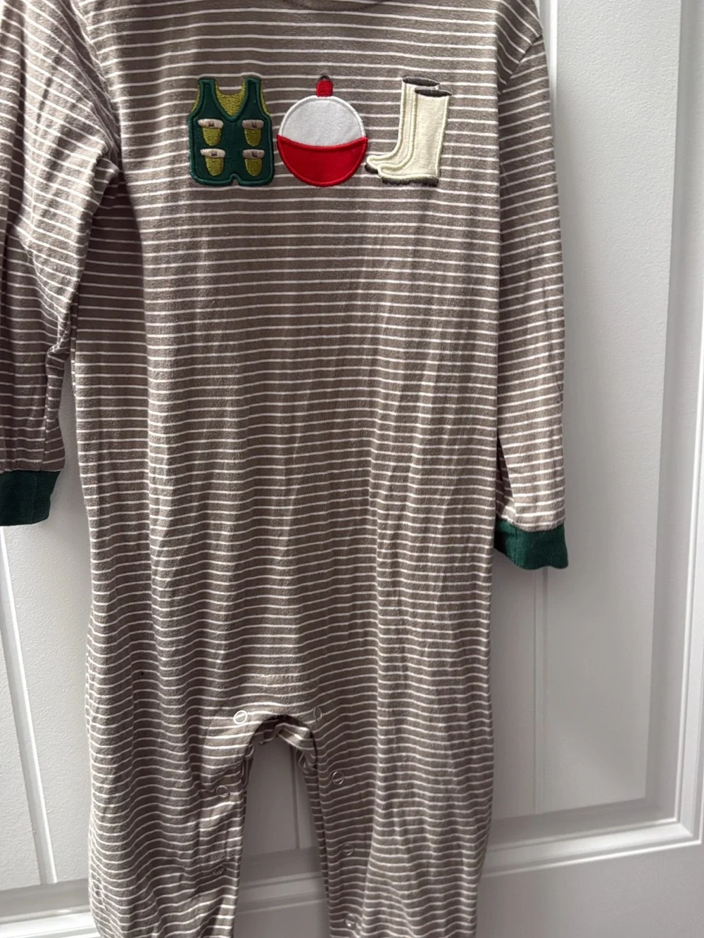Striped Brown & White Kids One-Piece Romper with Playful Patches